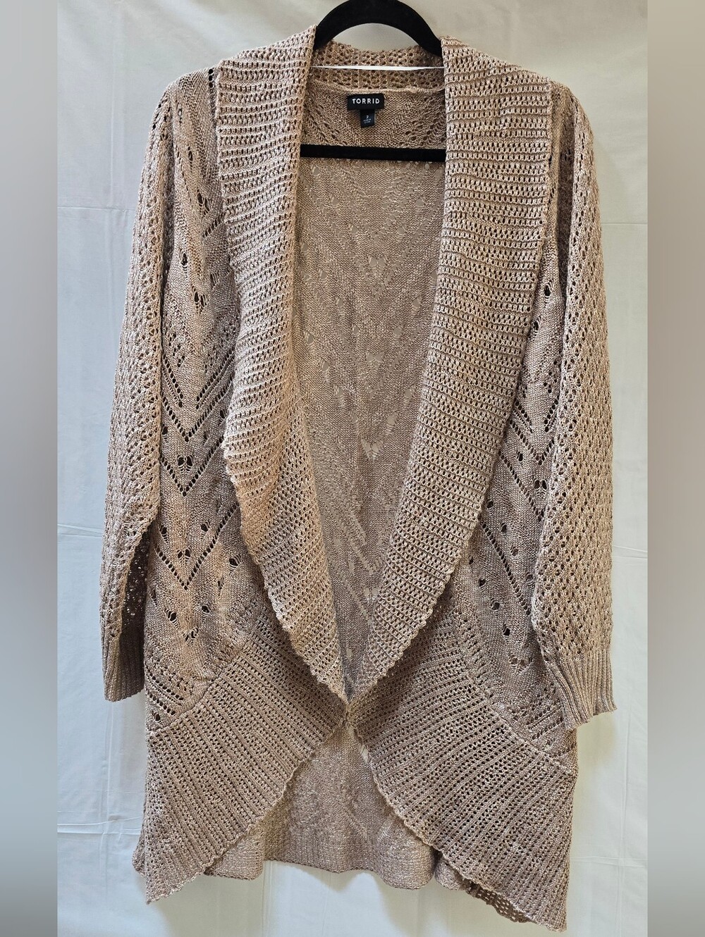 Torrid Open Front Pointelle Knit Cardigan Size 3 Beige Taupe Plus